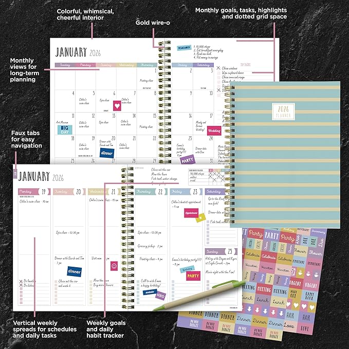 TF Publishing 2026 Blue and Gold Lines Medium Weekly Monthly Planner with 12-Month Calendar Grid and Task Tracker - Vertical Weekly Schedule Planner with Habit Tracker and Stickers - 6.5in x 8in