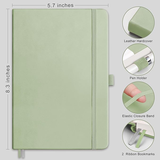 RETTACY Blank Journal Notebook, 2-Pack, 192 Pages per Pack, A5 Medium Size (5.7'' x 8.3''), Leather Hardcover, 100 GSM Thick Paper, for Sketching, Drawing, Painting (Black & Light Green)