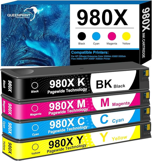 980 980X Remanufactured Ink Cartridge Replacement for 980X for HP Officejet Enterprise Color X555dn X585f X555xh Flow X585z MFP X585F X585dn Printer (1 BK 1 C 1 M 1 Y)-4pk