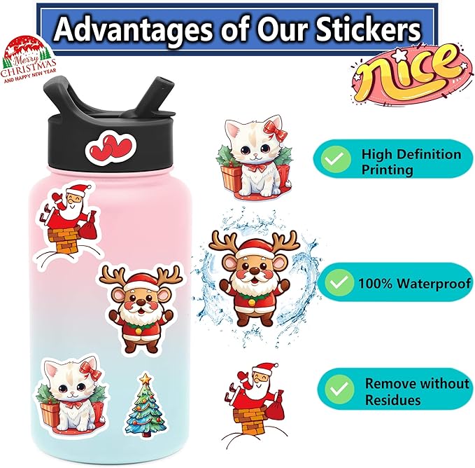 100 Pcs Christmas Stickers, Merry Christmas Vinyl Stickers for Kids, Funny Christmas Holiday Stickers for Water Bottles, 2026 Christmas Stickers for Gifts