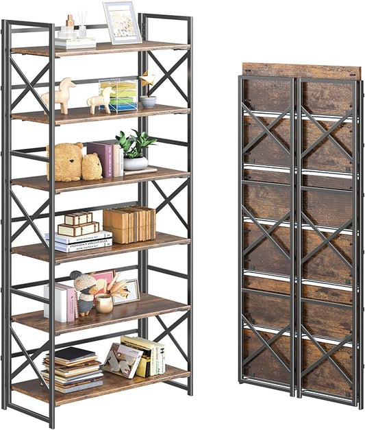 4NM 6 Tiers No Assembly Book Shelves, 61.8" H Folding Bookshelf Bookcase Open Industrial Foldable Shelves for Bedroom, Living Room, Home Office - Rustic Brown Black