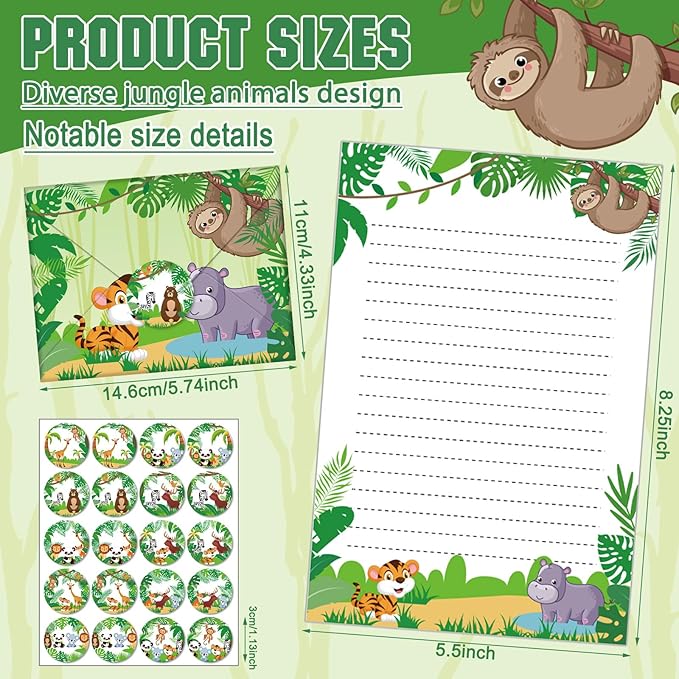 TaoBary 160 Pcs Stationery Paper Set 50 Double Sided Stationery Papers with 50 Matching Envelopes and 60 Round Dot Sticker, 10 Design(Safari Animal,5.5 x 8.25 Inch)