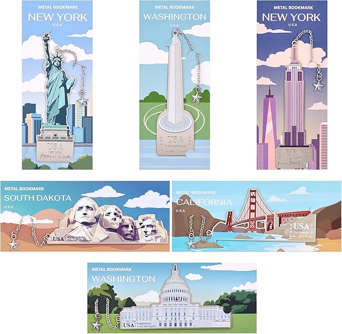 6 Pcs Silver Metal Bookmarks, Elegant Statue of Liberty America Famous Landmark Building Theme Bookmark for Women, USA Commemorate Bookmark Gift for Book Lovers Writers Readers Girls Teenage Children