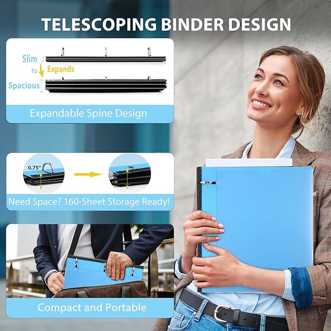 WOT I 4-Pack Telescoping 3 Ring Binder(0.75"), Expandable Flexible Binder - Patented Design for Easy Portability, Holds 160 Sheets, 4 Bright Colors, Perfect for School, Office&Home Organization