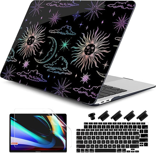 DONGKE Compatible with MacBook Air 13 inch Case 2021 2020 2019 2018 Release A2337 M1 A2179 A1932 with Retina Display & Touch ID, Plastic Hard Shell & Keyboard Cover - Sun & Moon