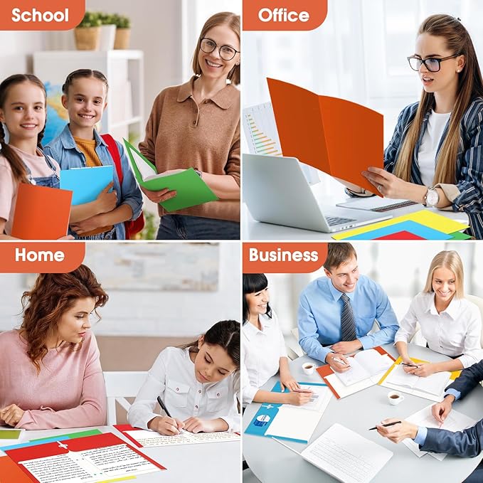 Folders with Pockets, 2 Paper Folders with Pockets (10 Pack, Assorted Colors), File Folders Letter Size, 3 Hole Punched with Business Card Slot, File Folders for School Office Home Documents