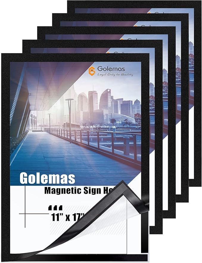 Magnetic Sign Holder, 11 x 17 Wall Mount Self Adhesive Document Display Frames, Double Sided Display for Glass Window (Black, 5pack)