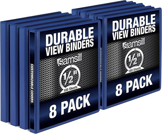Samsill Durable .5 Inch Binder, Made in the USA, Round Ring Customizable Clear View Binder, Blue, 8 Pack (MP88412)
