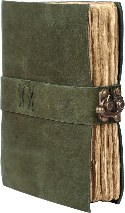 Vintage Leather Journal Handmade Buffalo Non-Refillable Deckle Edge Paper – Leather Bound Journal for Women Men C-Lock Closure Ideal for Writing & Travel for Artists (Dark Green)