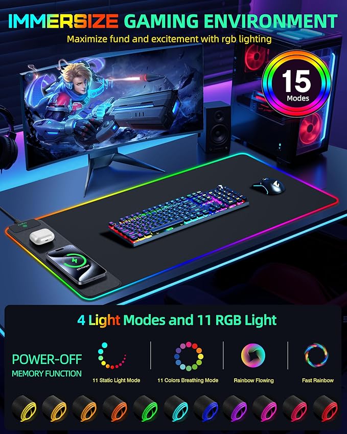 Mouse Pad with Wireless Charging, RGB Gaming Desk Mat, 31.5"x15.7" Large XXL Desk Pad, 15 Lighting Modes, Non-Slip Mouse Mat, Waterproof Computer Keyboard Pad, Black with 20W PD Power Adapter