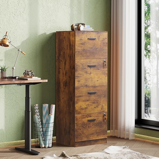 DEVAISE 4 Drawer File Cabinet with Lock, Vertical Filing Cabinet for A4/Letter Size Files, Wood Storage Organizer for Home Office, Rustic Brown