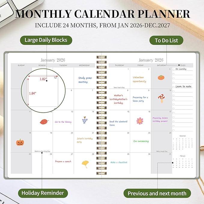 Monthly Planner 2026-2027 - 2 Year Monthly Planner Calendar 2026-2027, Jan. 2026 - Dec. 2027, 7.3" * 9.5", 24 Months Calendar Planner with Note Pages, for Office, School Home Planning - Green