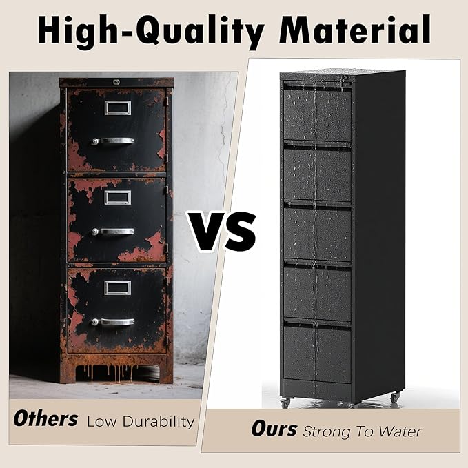 5 Drawers Filing Cabient with Wheel, File Cabinet with Lock, Steel Vertical Filing Storage Cabinet for Office, Heavy-Duty File Cabinets for Letters/Legal/A4 (Require Assembly, Black)