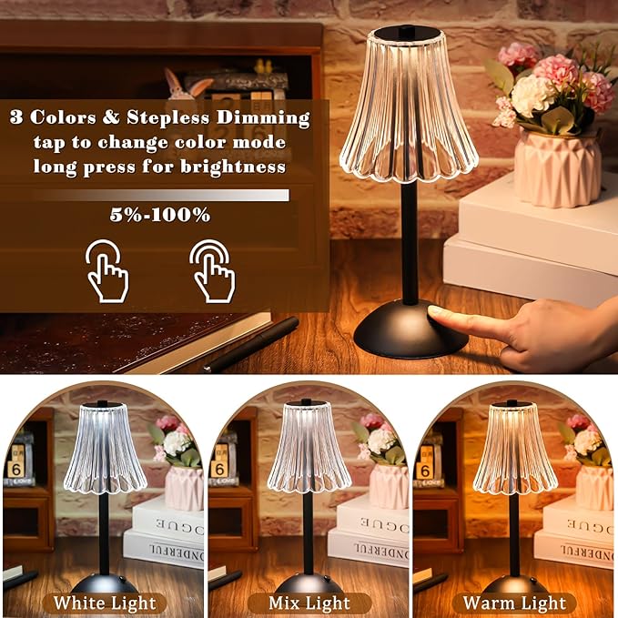 Liliful 2 Pcs LED Portable Cordless Table Lamp Touch Battery Operated Rechargeable Gold Desk Lamp 3 Color Dimmable for Bedroom Living Room Dining (Black,Rose Style)