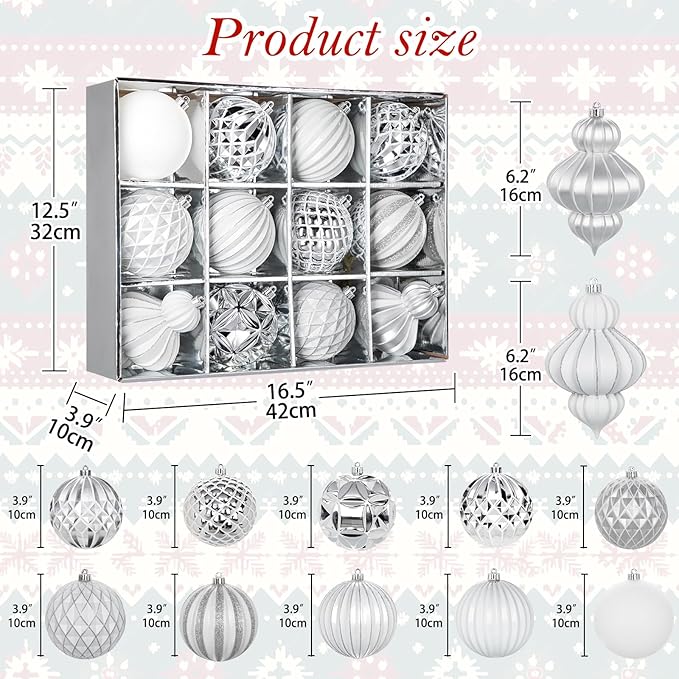 4" Christmas Ball Ornaments Set 12PCS Large Shatterproof Plastic Ornaments Christmas Tree Ball Hanging Ornaments for Xmas Tree Wedding Party Holiday Decorations - Silver, White