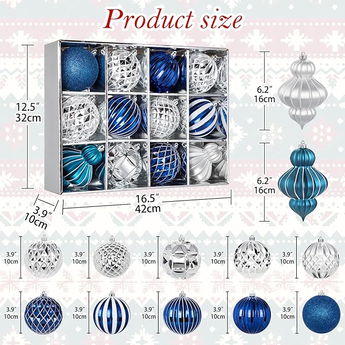 4" Christmas Ball Ornaments Set 12PCS Large Shatterproof Plastic Ornaments Christmas Tree Ball Hanging Ornaments for Xmas Tree Wedding Party Holiday Decorations - Silver, Blue
