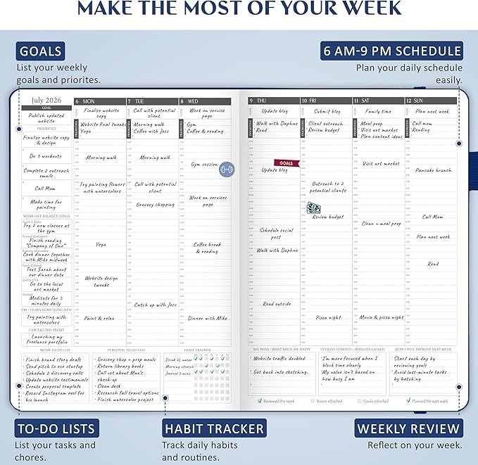 Legend Hourly Schedule Planner PRO Dated Jan 2026-Jan 2027 – Deluxe Weekly & Daily Organizer with Time Slots. Appointment Book Journal for Work & Time Management, A4 Hardcover, Mystic Blue