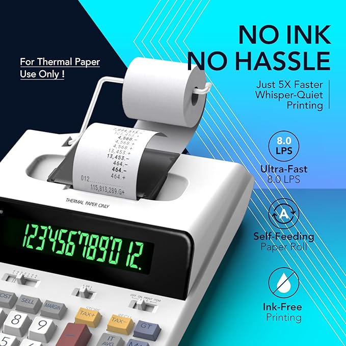 CATIGA 12 Digit Thermal Printing Calculator with Tape Print Out, Ink-Free Adding Machine, 5X Faster Quite at 8.0 LPS, Extra Large Fluorescent Display, Tax Calculation with Clock and Calendar, SP-2401