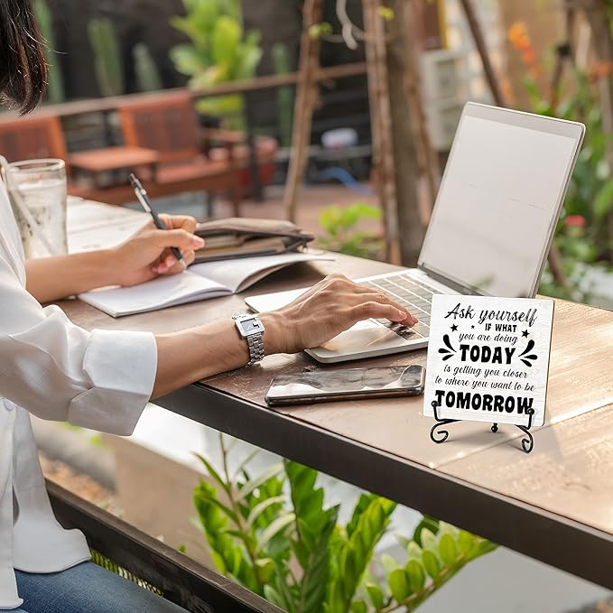 Motivational Desk Decor, Inspirational Home Office Wood Plaque with Stand, Encouragement Gifts for Women Men Coworkers Friends Family - C22