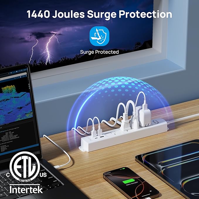 TROND Surge Protector Power Strip with USB, Ultra Thin Flat Plug 3ft Extension Cord 1625W, 3 USB A & 1 Type C, 4 AC Outlets 1440J Surge Protection ETL Listed, Wall Mount for Home Office Dorm, White