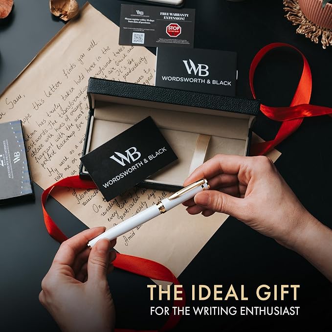 Wordsworth & Black Fountain Pen Set, 18K Gilded Medium Nib, Includes 24 Pack Ink Cartridges, Ink Refill Converter & Gift Box, Gold Finish, Calligraphy, [White Gold], Perfect for Men & Women