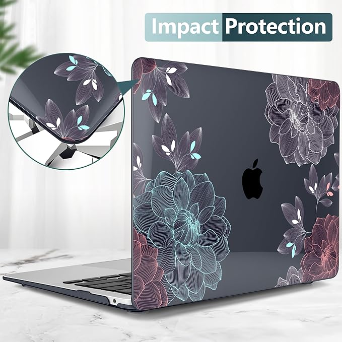 DONGKE Compatible with MacBook Air 13 inch Case 2021 2020 2019 2018 Release A2337 M1 A2179 A1932 with Retina Display Touch ID, Plastic Hard Shell & Keyboard Cover - Dahlia Flowers