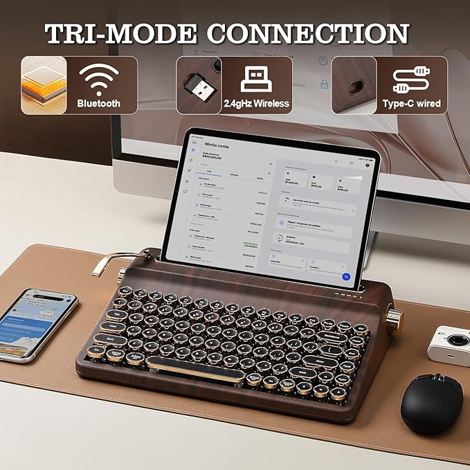 YUNZII QL75 Wireless Typewriter Hot Swap Retro Mechanical Keyboard,Punk Round Keycaps,RGB Backlit QMK/VIA Programmable, Multi-Device Keyboard with 2.4GHz/Type-C/BT5.0 (Wood, Cocoa Cream V2 Switch)