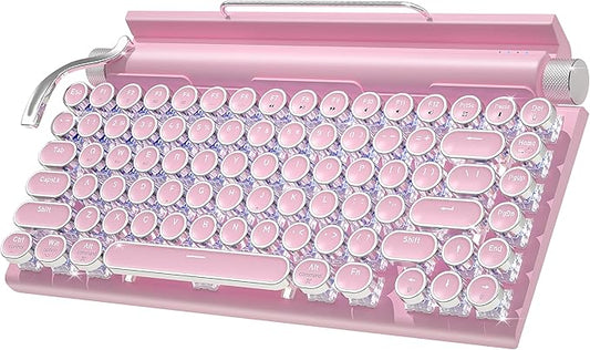 Retro Typewriter Wireless Mechanical Gaming Keyboard, Bluetooth 5.0 Office Computer Vintage Keyboards 83-Key Blue Switches Punk Round Keycap, LED Backlight, Compatible with PC/Laptop/Pad/Phone, Pink