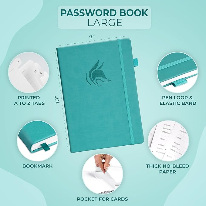 Clever Fox Password Book with alphabetical tabs. Internet Address Organizer Logbook. Large Password Keeper for Website Logins (Turquoise)