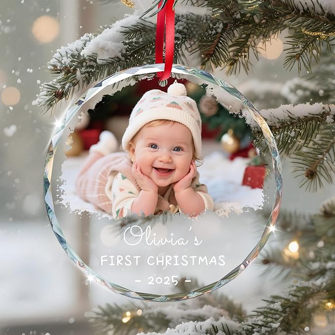 Personalized Babys First Christmas Ornament 2025 Boy Girl, My First Christmas Ornament with Photo Text - Custom 1st Christmas Ornaments 2025 for Baby, Newborn Xmas Gifts for New Mom Dad(3.15")