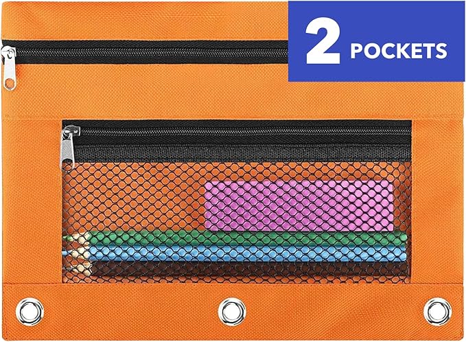 Pencil Pouch for 3 Ring Binder - 3 Hole Zipper Pen Case Bag Holder Bulk Accessories Clear Window Aesthetic Organizer Pockets (Orange, 1)