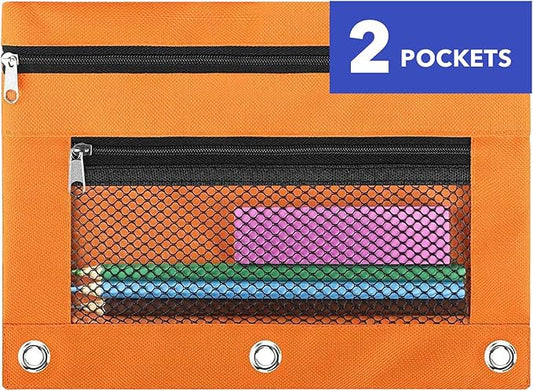 Pencil Pouch for 3 Ring Binder - 3 Hole Zipper Pen Case Bag Holder Bulk Accessories Clear Window Aesthetic Organizer Pockets (Orange, 1)