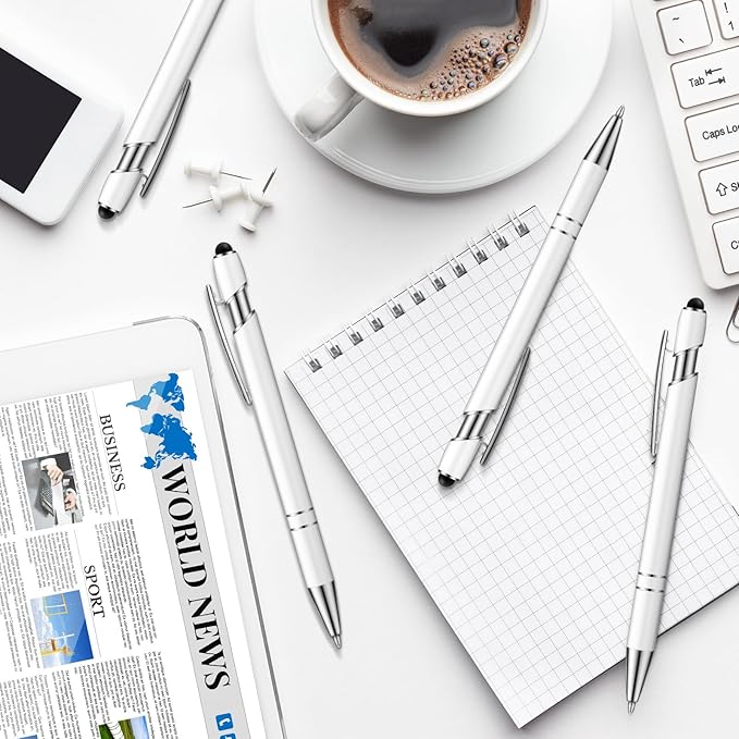 Tenare 12 Pieces 2 in 1 Stylus Metal Ballpoint Pen with Stylus Tip, 1.0 mm Black Ink Ballpoint Pen for Touch Screens(White)