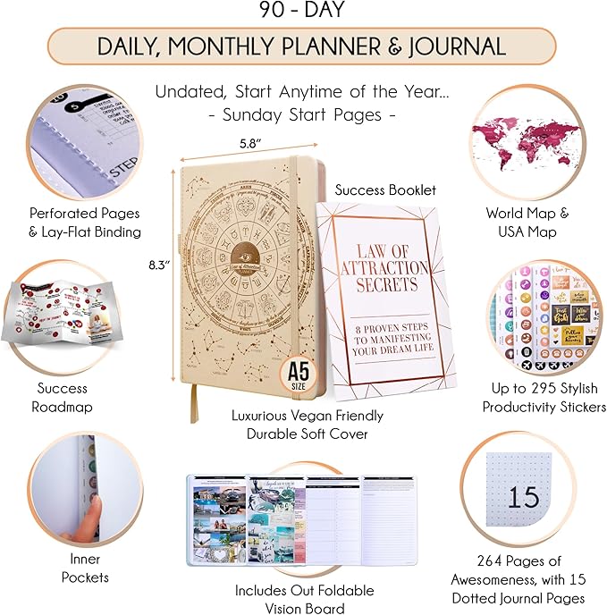 Manifestation Journal - 5 Minute Manifesting & Self Care Journal | 90-Day Undated Daily Planner for Positivity, Affirmations & Gratitude | Guided Mindfulness, Reflection | Vision Board + Stickers