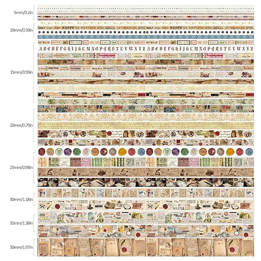 34 Rolls Vintage Washi Tape Set,Letter Map Stamp Stripe Literature Art Writable Aesthetic Washy Decorative Tapes for Scrapbooking, Junk Journal Supplies, Bullet Journaling 5-50mm Wide (3m Long)/Roll