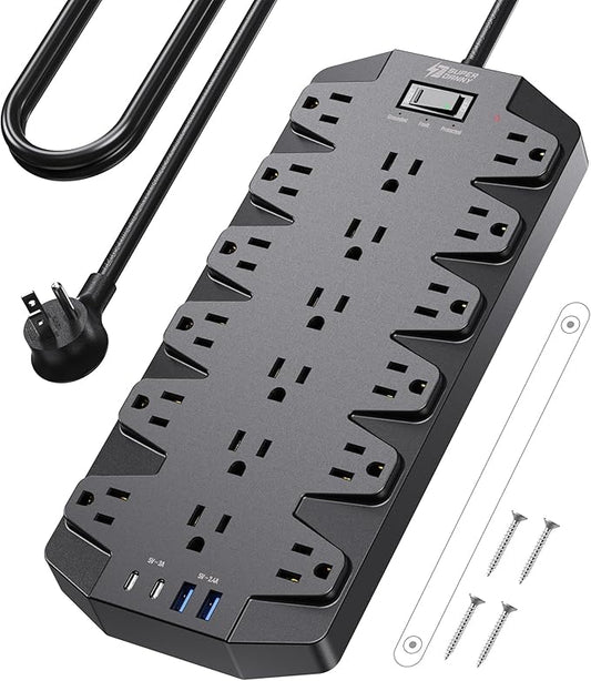Surge Protector Power Strip, SUPERDANNY 18 AC Outlets with 4 USB Ports, 1875W/15A, 2100J, 6.5FT Flat Plug Heavy Duty Extension Cord with Wall Mount Holes for Home, Office, Gaming Room,Dorm, Black