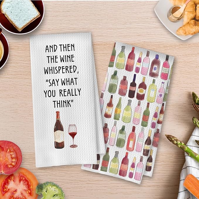 Funny Wine Kitchen Towels - Wine Gifts Dish Towels for Kitchen Decor, Bartender Gifts for Women Decorative Waffle Hand Tea Towel, 16x24 Inches Set of 2