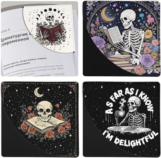 Skeleton Book Marks for Reading Women, 4 Pcs Funny Leather Book Accessories for Book Lovers, Skull Corner Bookmarks, for Women Men Student Teacher Retirement Birthday Gifts