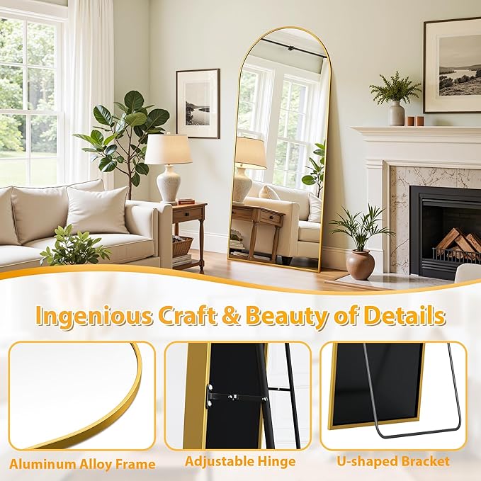 Full Length Mirror, 58"x21" Oversized Floor Mirror Freestanding, Full Body Mirror Floor Standing Mirrors with Stand, Hanging Mounted Mirrors for Bedroom Living Room, Gold, Arched Style