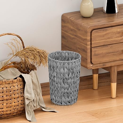 Endymion Grey Wicker Trash Can,Waterproof Wicker Waste Basket for Bathroom,Woven Waste Basket for Bedroom,2 Gallon Round
