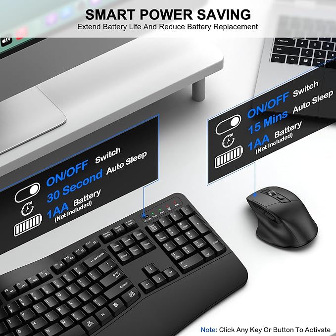 Wireless Keyboard and Mouse Combo, 2.4G Full Size Wave Keys Ergonomic Keyboard with Wrist Rest and 3-Level DPI Adjustable Wireless Ergonomic Mouse for Windows, Mac OS Desktop/Laptop/PC(Black)