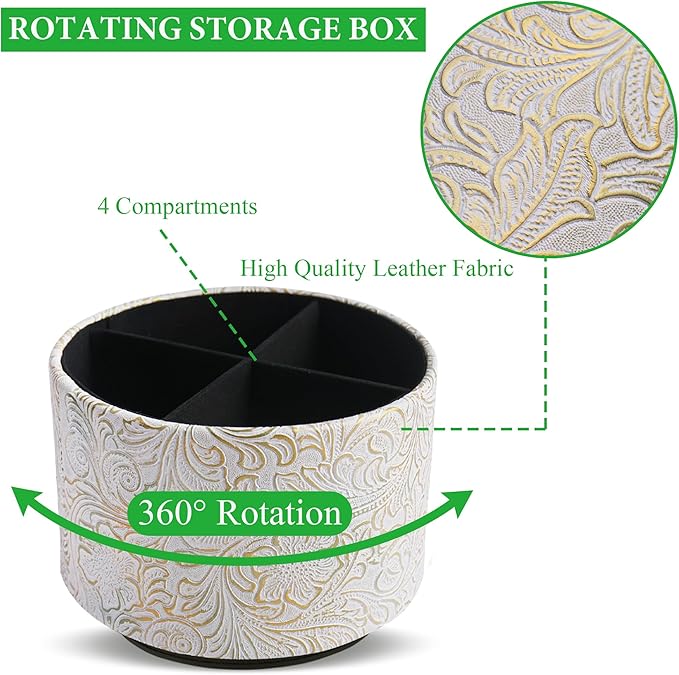 lizimandu Round Leather Art Supply Organizer,Remote Control Holder,360 Degree Spinning,Multi-Functional Pencil Holder,4 Compartments Desktop Stationary Organizer(1-Carved White Gold)