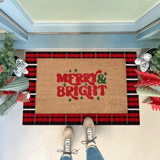 KIMODE Christmas Door Mat Outdoor 24"X35",Red/Black Buffalo Plaid Rug,Washable Cotton Hand-Woven Layered Door Mats,Reversible Outdoor Christmas Decor for Front Porch,Entryway,Kitchen