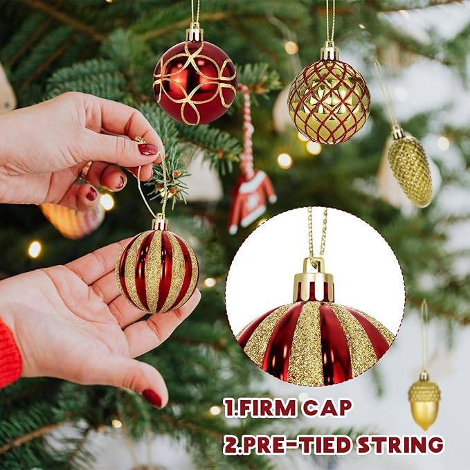 LARAINE Christmas Balls Ornaments 106 Pcs Decorations for Christmas Tree, Shatterproof Hanging Ball Variety Gift Set of Holiday Party Wedding Decoration (Red&Gold)