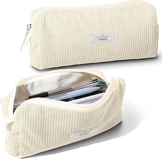 Pencil Bag Pen Case, Soft Corduroy Small Pencil Pouch Organizer with Zipper, Cute Pencil Case Pouch Stationery for Girls and Boys – White