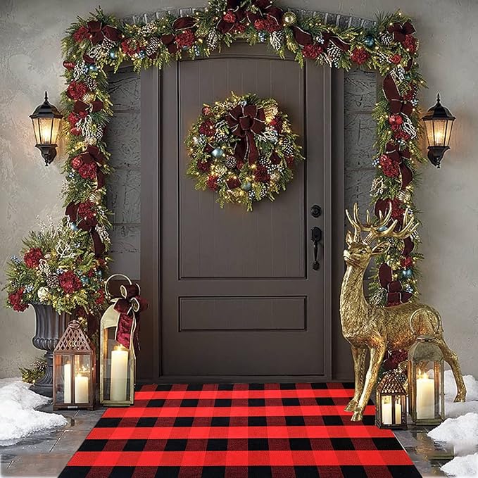 Red and Black Plaid Rug, 3'x5' Check Outdoor Front Door Decorative Mat, Cotton Woven Rug for Layered Door Mats Washable Carpet for Porch, Entryway, Farmhouse, Christmas, Halloween