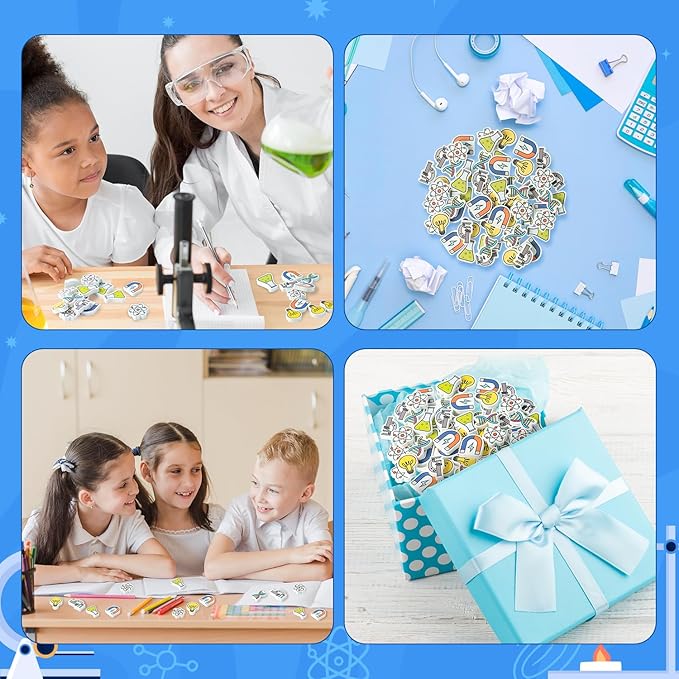 ANGOLIO Science Mini Eraser - 60P Summer Back to School for Kids Bulk Novelty Including microscopes U Shaped Magnets Lamp Bulb Pattern Pencil Eraser for Student Homework Summer Reward Classroom Prizes