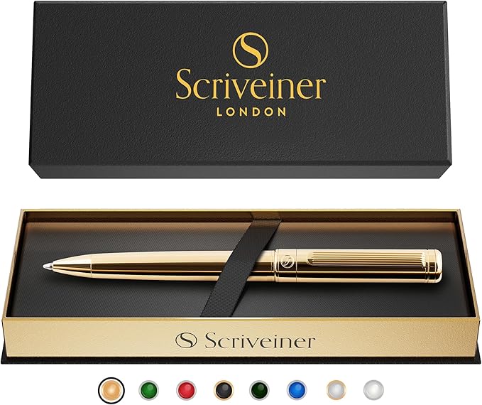 Scriveiner Gold Ballpoint Pen - Stunning Luxury Pen, Real Gold Plating, Schmidt Black Refill, Best Ball Pen Gift Set for Men & Women, Professional Executive Office, Nice Fancy Designer Pens