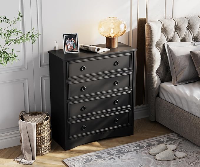 LGHM Modern 4 Drawer Dresser, Tall Dressers for Bedroom, Chest of Drawers Closet Organizers and Storage for Clothes - Easy Pull Handle, Textured Borders Drawers for Living Room, Hallway, Black