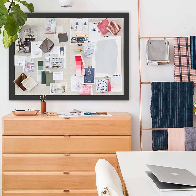 Cork Board Bulletin Board 18" x 24", Large Linen Corkboards with Frame for Walls, Cute Picture Display Pin Board Vision Board for Room School Office Bedroom 20 Pushpins Vintage Black